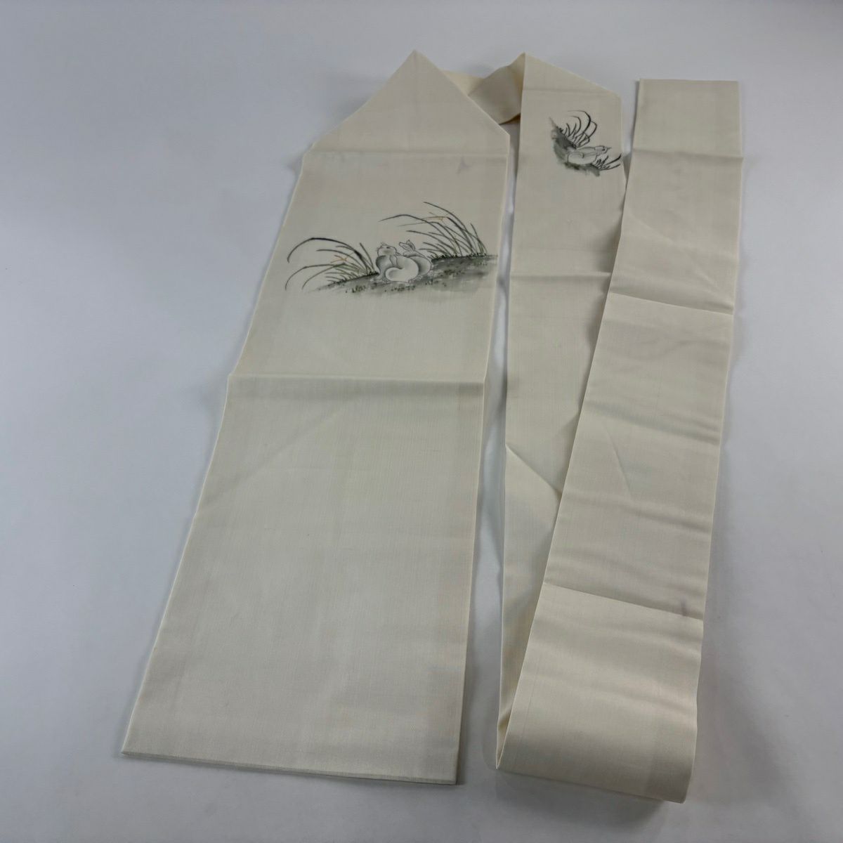 名古屋帶 秀品級 紬織織 兔子 蘆葦 奶油色 純蠶絲