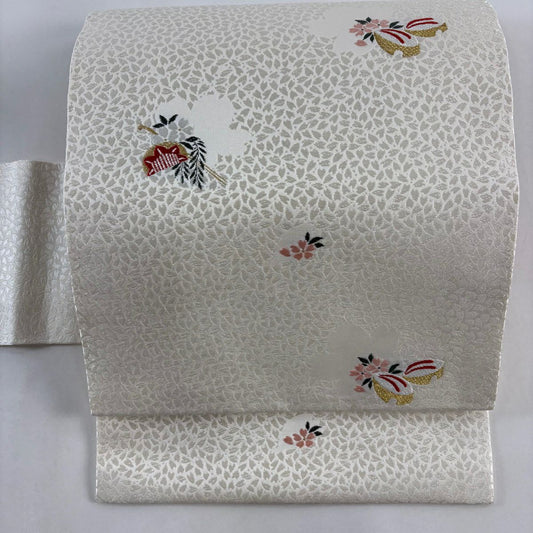 【美品】名古屋帶 秀品級 櫛簪 櫻花 唐織 金絲 奶油色 純蠶絲