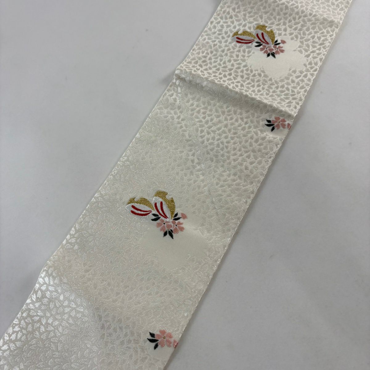 【美品】名古屋帶 秀品級 櫛簪 櫻花 唐織 金絲 奶油色 純蠶絲