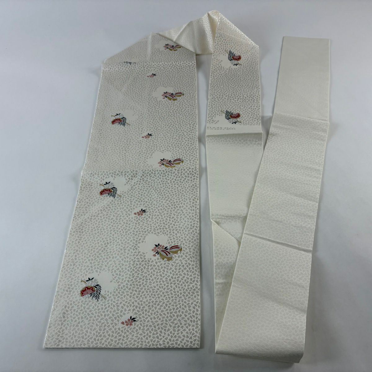 【美品】名古屋帶 秀品級 櫛簪 櫻花 唐織 金絲 奶油色 純蠶絲