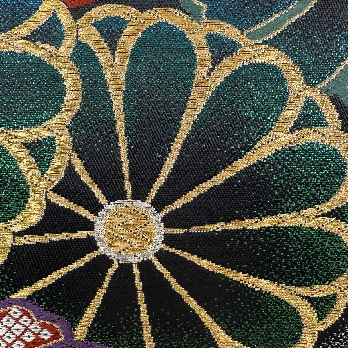 【美品】 袋帶 秀品級 菊花 疋田紋 金銀線 唐織 灰白 六通 純蠶絲