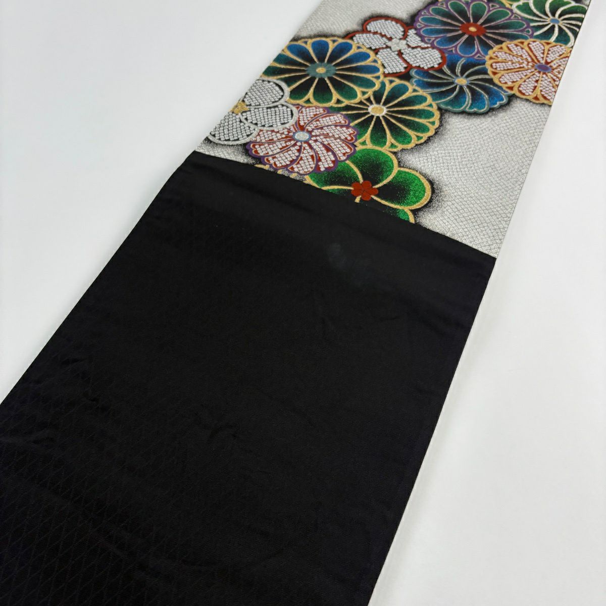 【美品】 袋帶 秀品級 菊花 疋田紋 金銀線 唐織 灰白 六通 純蠶絲