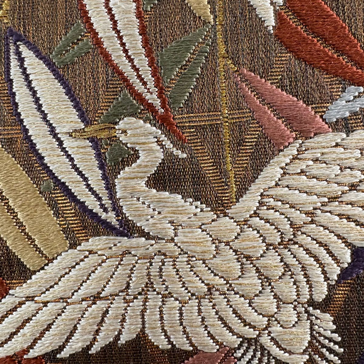 【美品】 袋帶 秀品級 枝葉 鳥 金糸 金金箔 茶 六通 純蠶絲