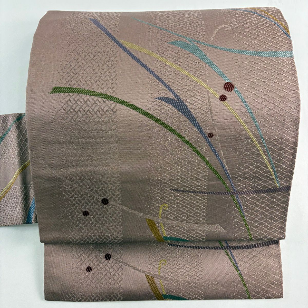 【美品】名古屋帶 秀品級 幾何圖案 薄小豆 純蠶絲