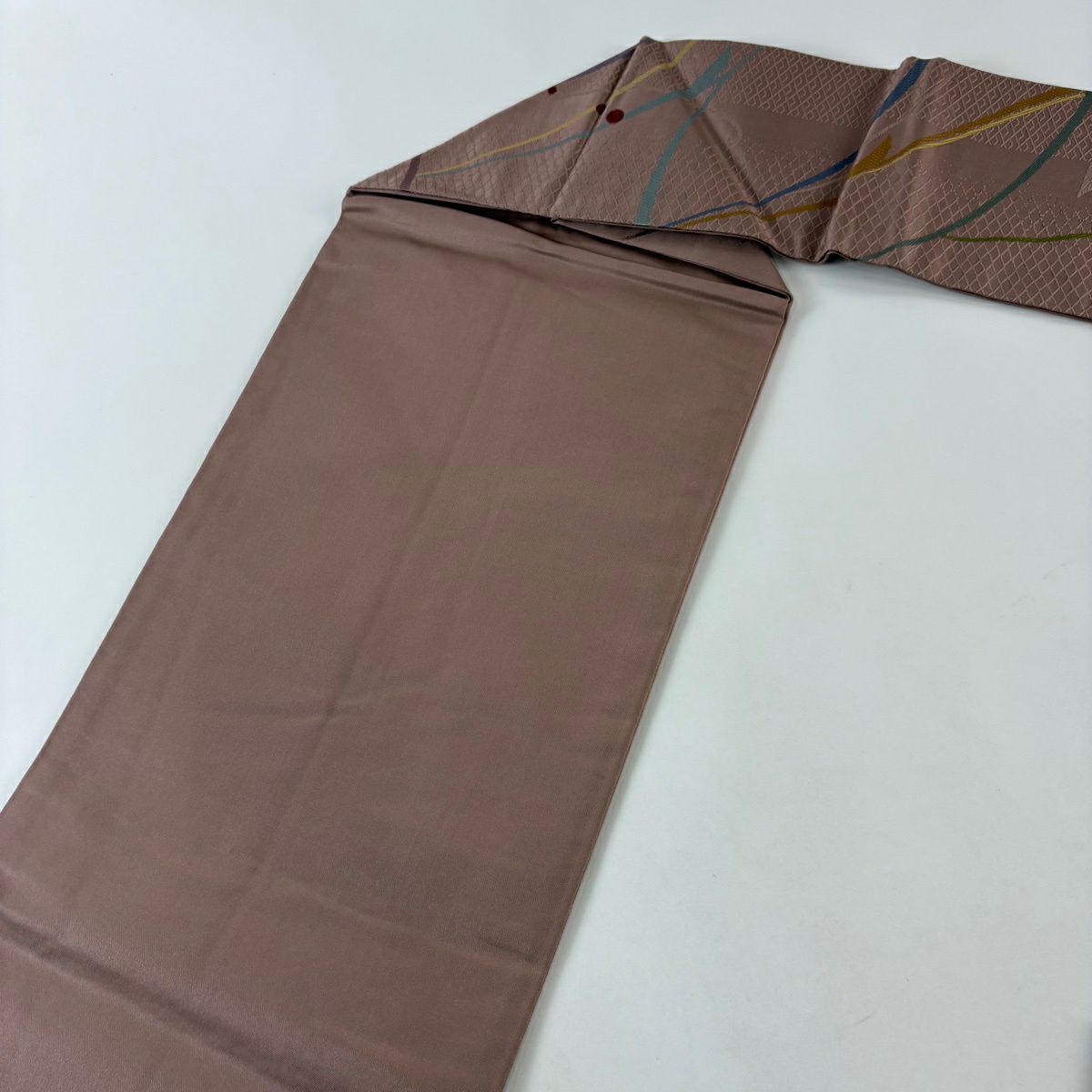 【美品】名古屋帶 秀品級 幾何圖案 薄小豆 純蠶絲