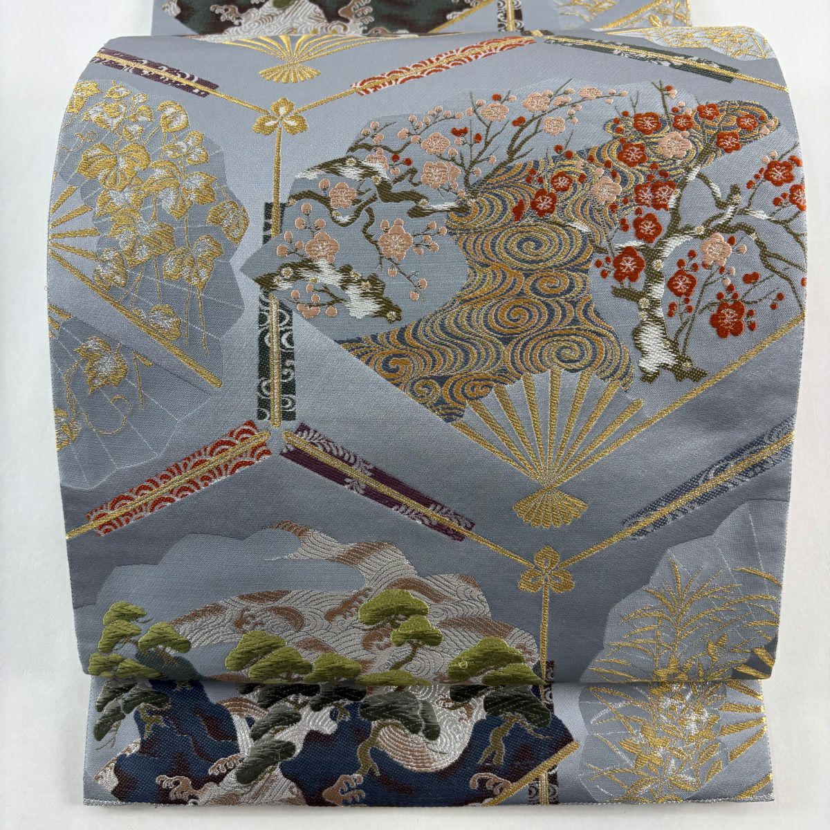 袋帶 秀品級 關西仕立 龜甲 扇子 金糸 金金箔 青灰 六通 純蠶絲