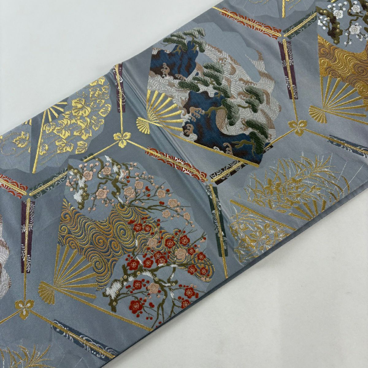 袋帶 秀品級 關西仕立 龜甲 扇子 金糸 金金箔 青灰 六通 純蠶絲