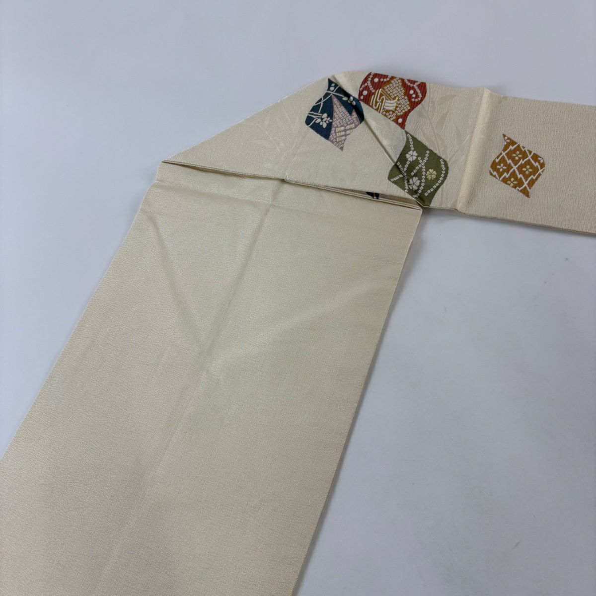 【美品】名古屋帶 秀品級 草花紋紋 波 金絲 奶油色 純蠶絲