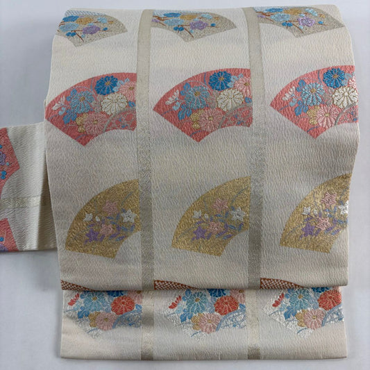 【美品】 名古屋帶 秀品級 扇子面 草花紋 金銀彩 金金箔 米色 純蠶絲