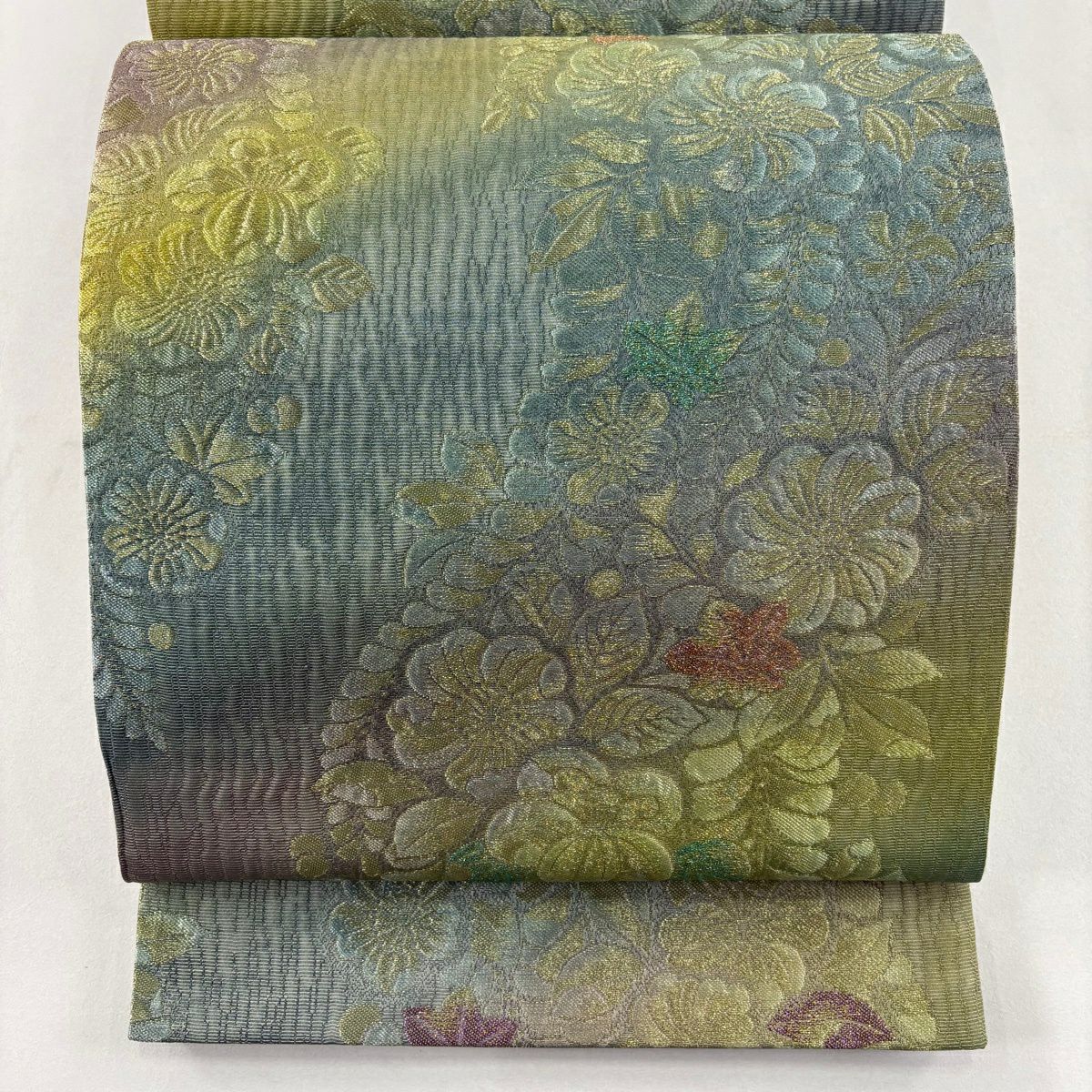 【美品】 袋帶 優品級 辻花染圖案 金銀線 金通 灰綠 六通 純蠶絲