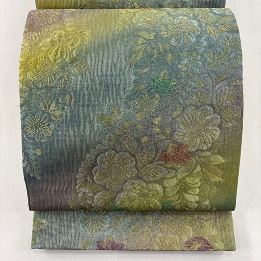 【美品】 袋帶 優品級 辻花染圖案 金銀線 金通 灰綠 六通 純蠶絲