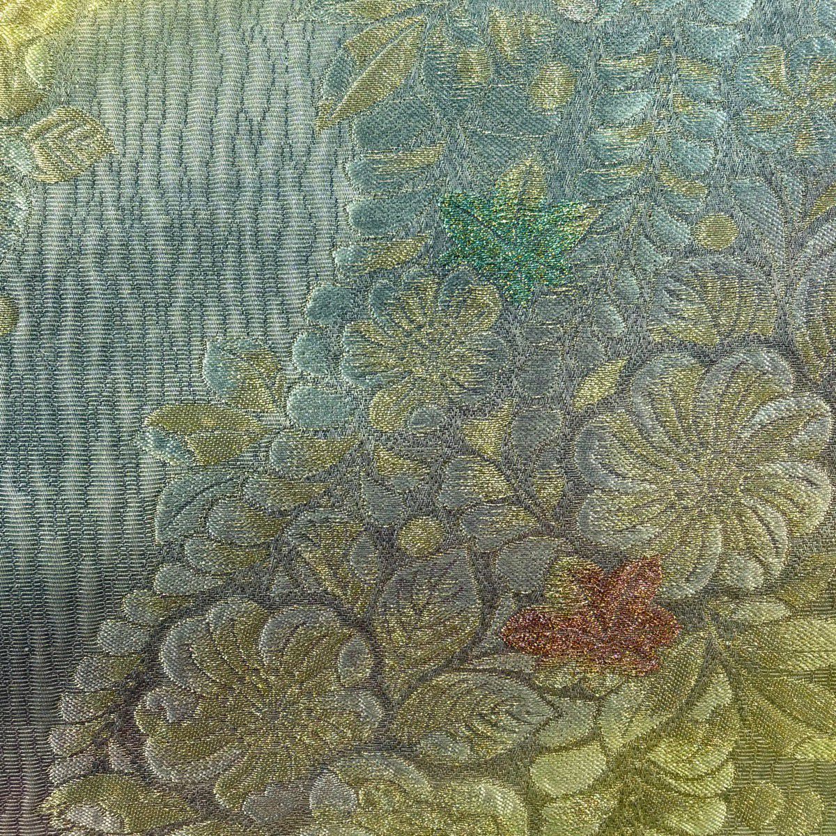 【美品】 袋帶 優品級 辻花染圖案 金銀線 金通 灰綠 六通 純蠶絲