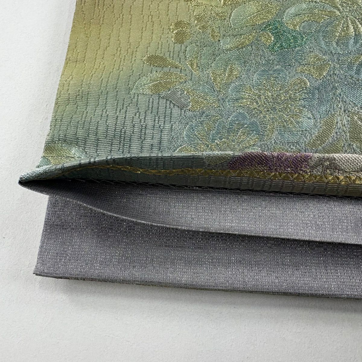 【美品】 袋帶 優品級 辻花染圖案 金銀線 金通 灰綠 六通 純蠶絲