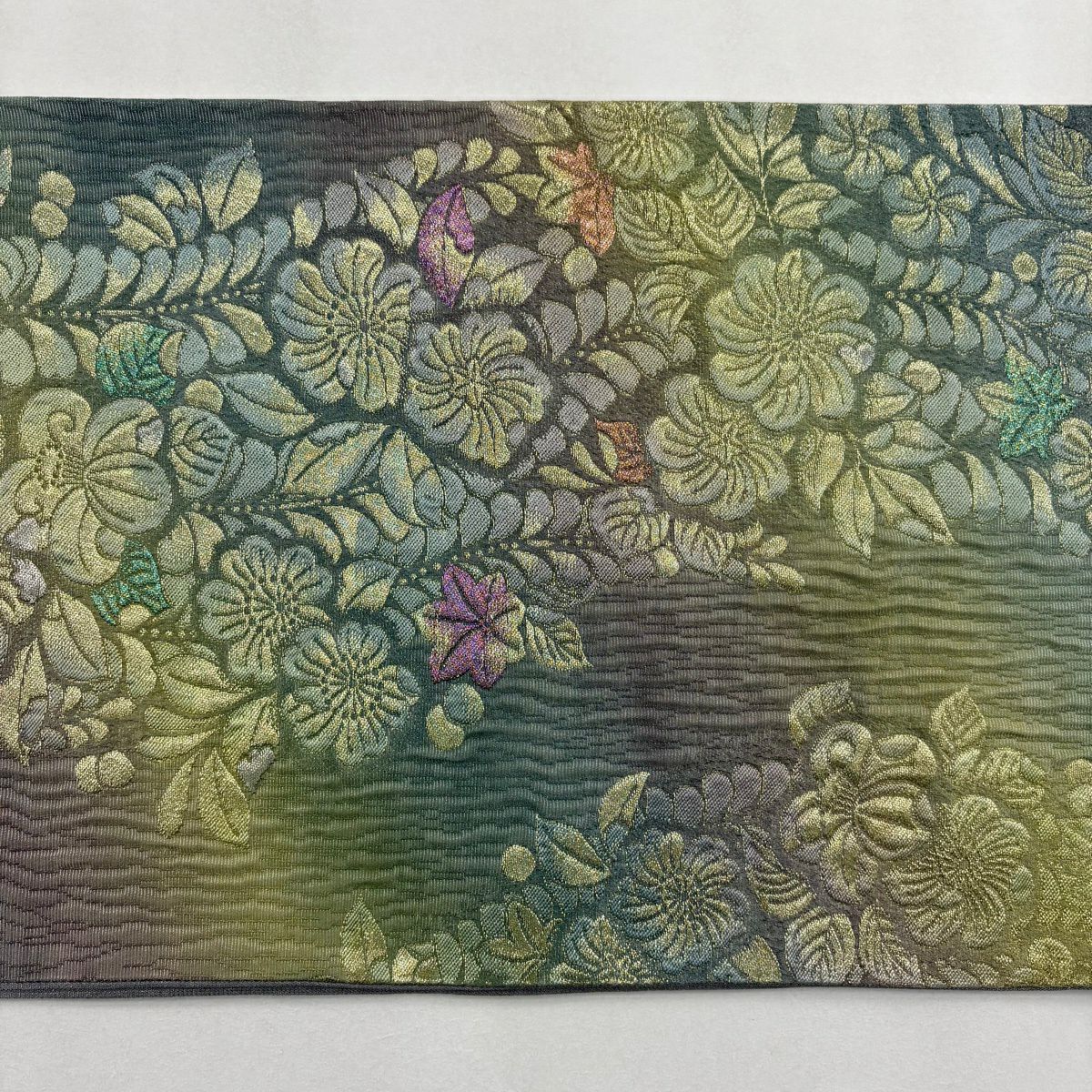 【美品】 袋帶 優品級 辻花染圖案 金銀線 金通 灰綠 六通 純蠶絲