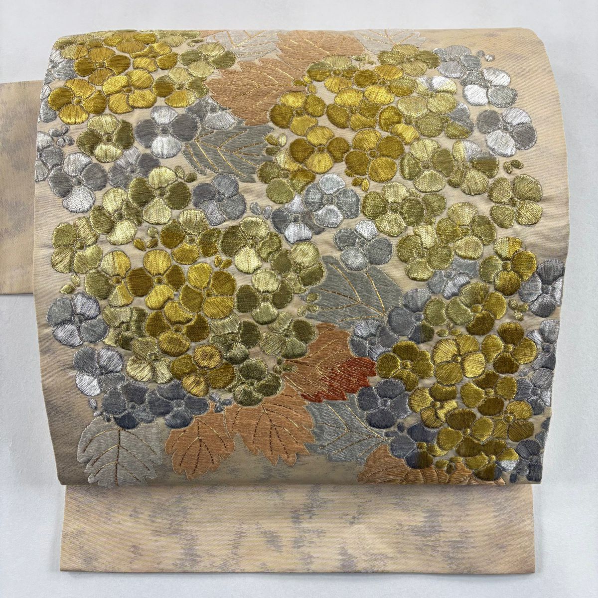 名古屋帶 秀品級 紫陽花 金銀彩 刺繡 淺橙色 純蠶絲