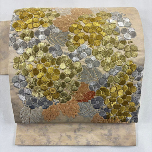 名古屋帶 秀品級 紫陽花 金銀彩 刺繡 淺橙色 純蠶絲