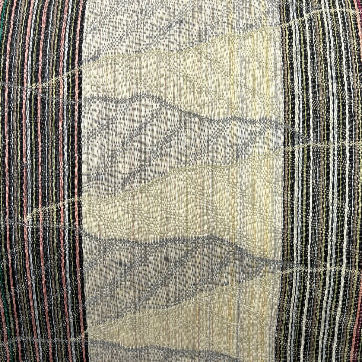 【美品】 袋帶 秀品級 縞 幾何學圖案 金通 灰茶 六通 純蠶絲