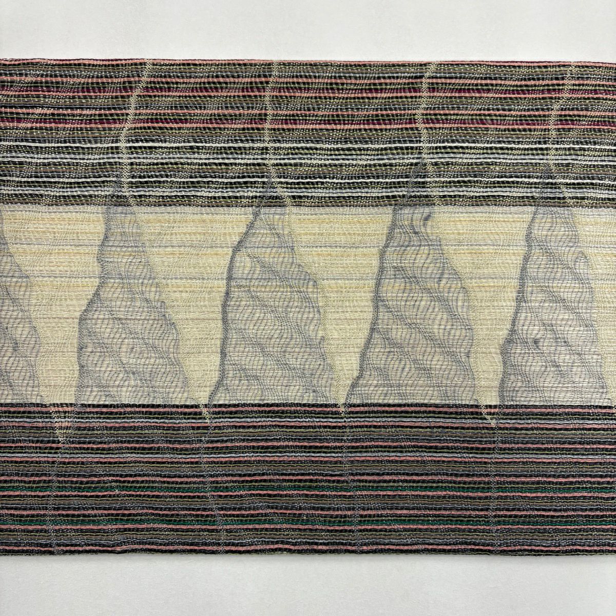 【美品】 袋帶 秀品級 縞 幾何學圖案 金通 灰茶 六通 純蠶絲