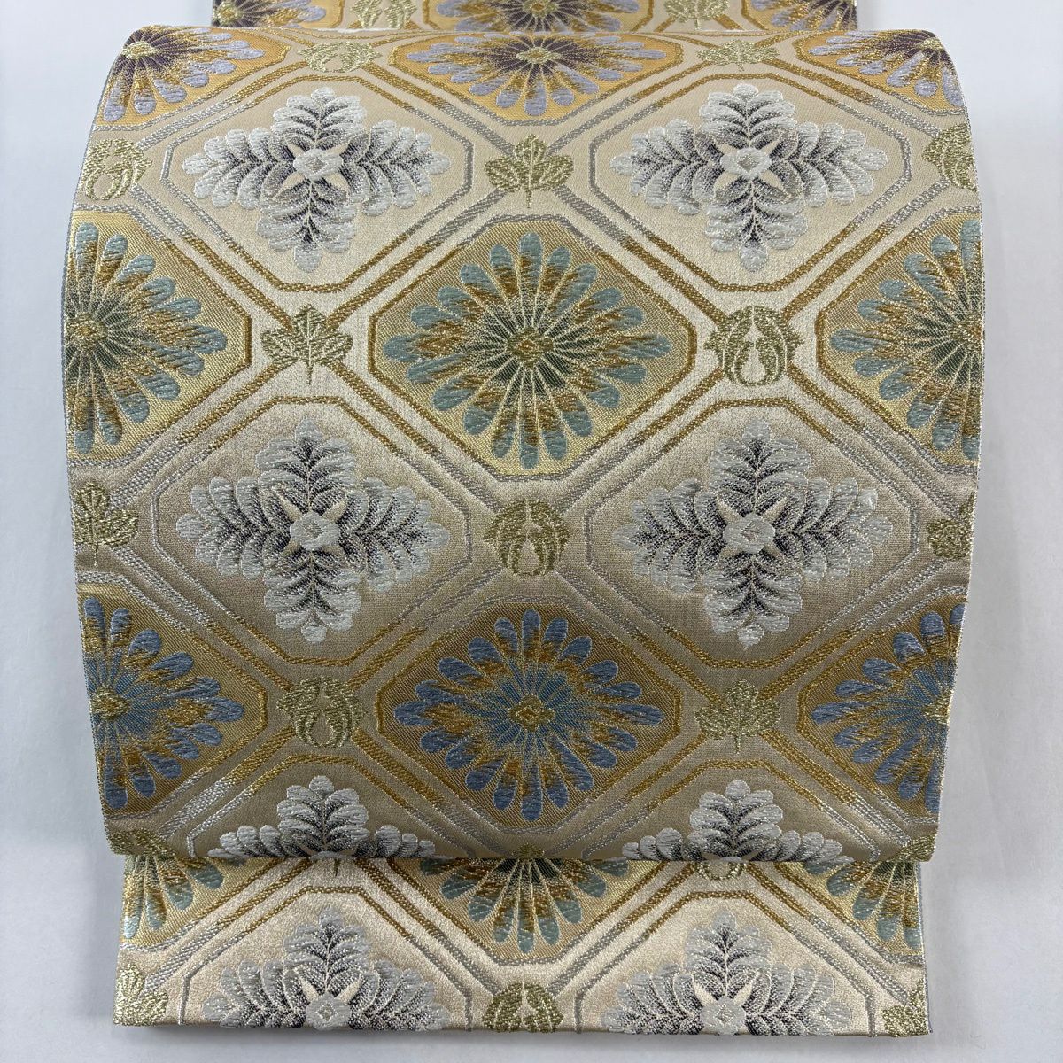 【美品】 袋帶 秀品級 花 蜀江文 金絲 銀絲 金 六通 純蠶絲
