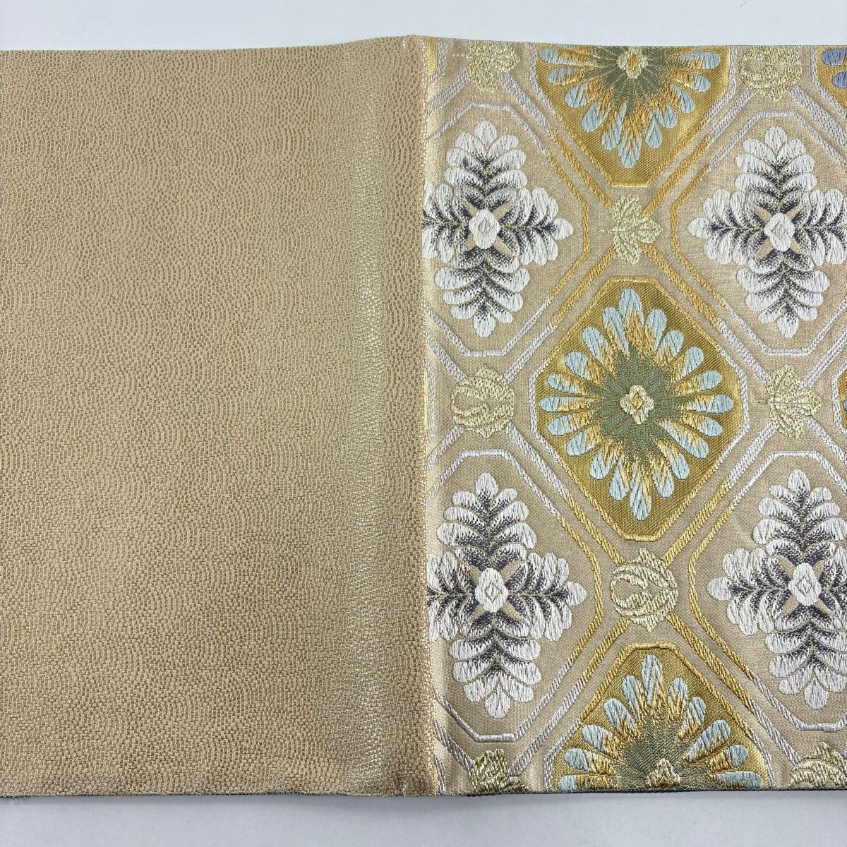 【美品】 袋帶 秀品級 花 蜀江文 金絲 銀絲 金 六通 純蠶絲