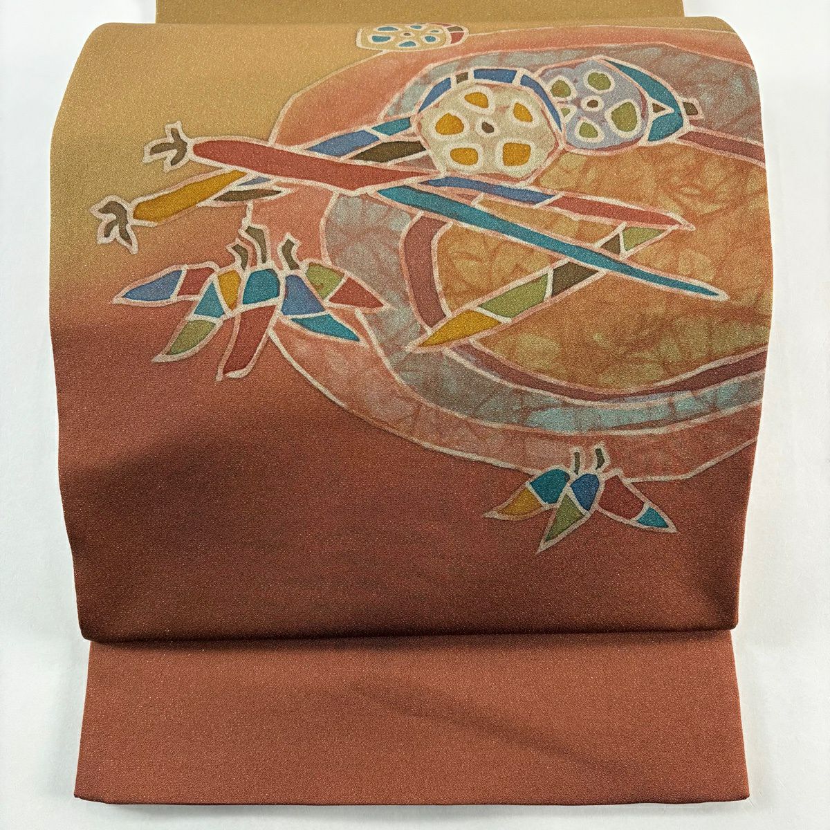【美品】 袋帶 秀品級 落款あり 蓮根 笹 銀通し 紅茶 お太鼓柄 純蠶絲