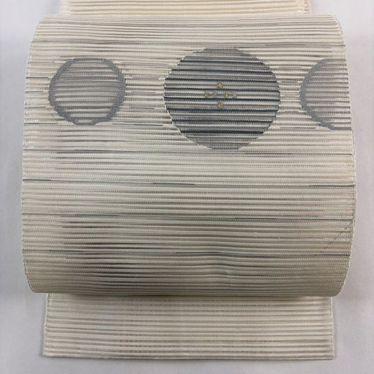 【美品】名古屋帶 優品級 夏帶 絽 八寸名古屋帶 松樹葉仕立 雜色仕立 圓文 條紋 金絲 銀絲 奶油色 純蠶絲