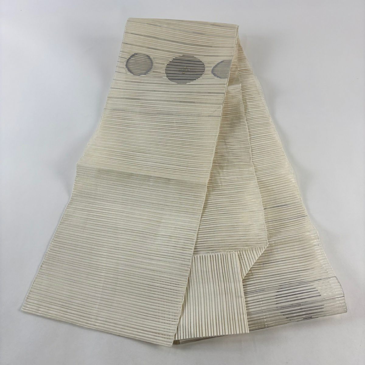 【美品】名古屋帶 優品級 夏帶 絽 八寸名古屋帶 松樹葉仕立 雜色仕立 圓文 條紋 金絲 銀絲 奶油色 純蠶絲