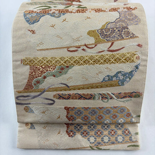 袋帶 秀品級 卷物 波 金絲 金金箔 米色 六通 純蠶絲
