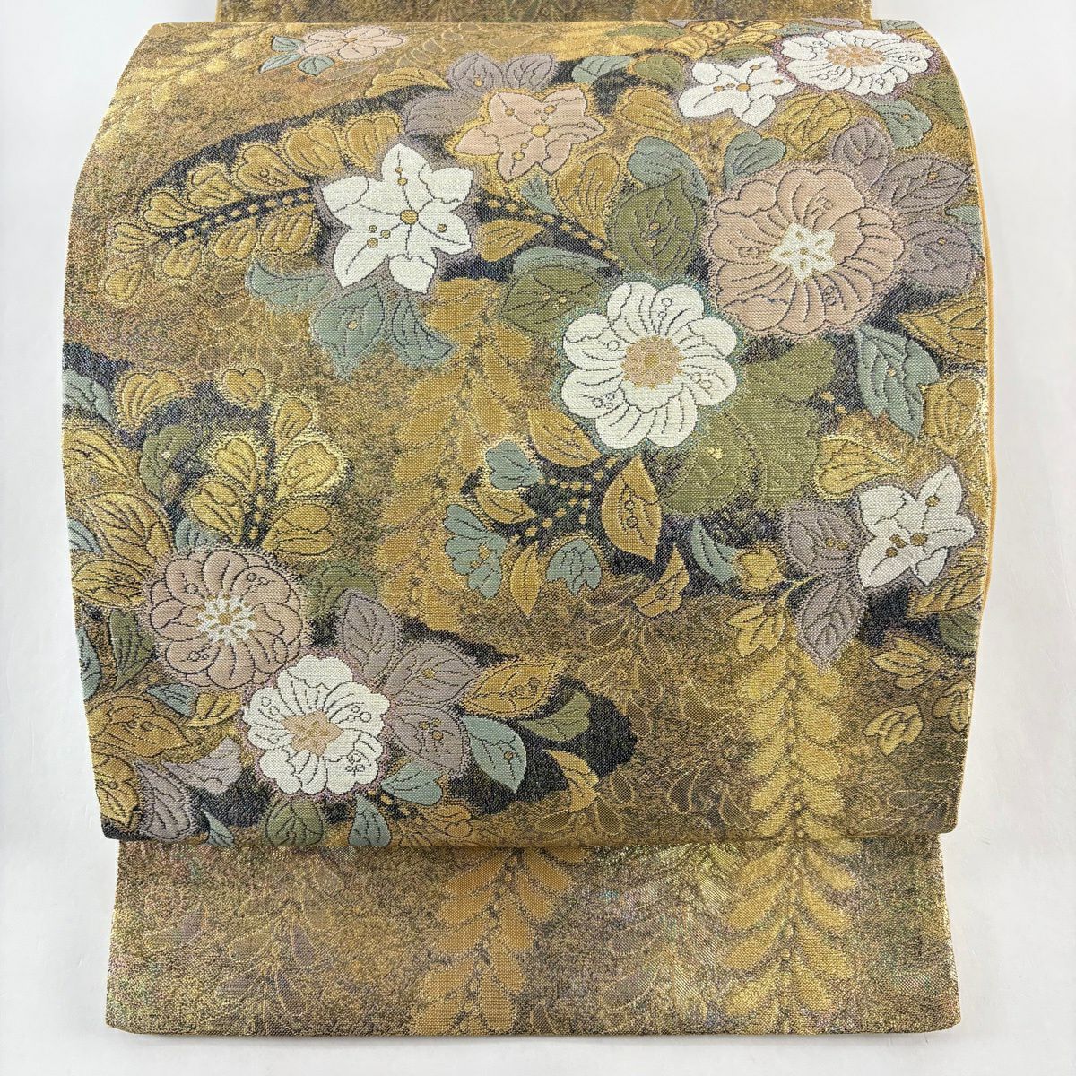 袋帶 秀品級 大和 辻花染 草花紋紋 金絲 金金箔 金色 大鼓柄 純蠶絲