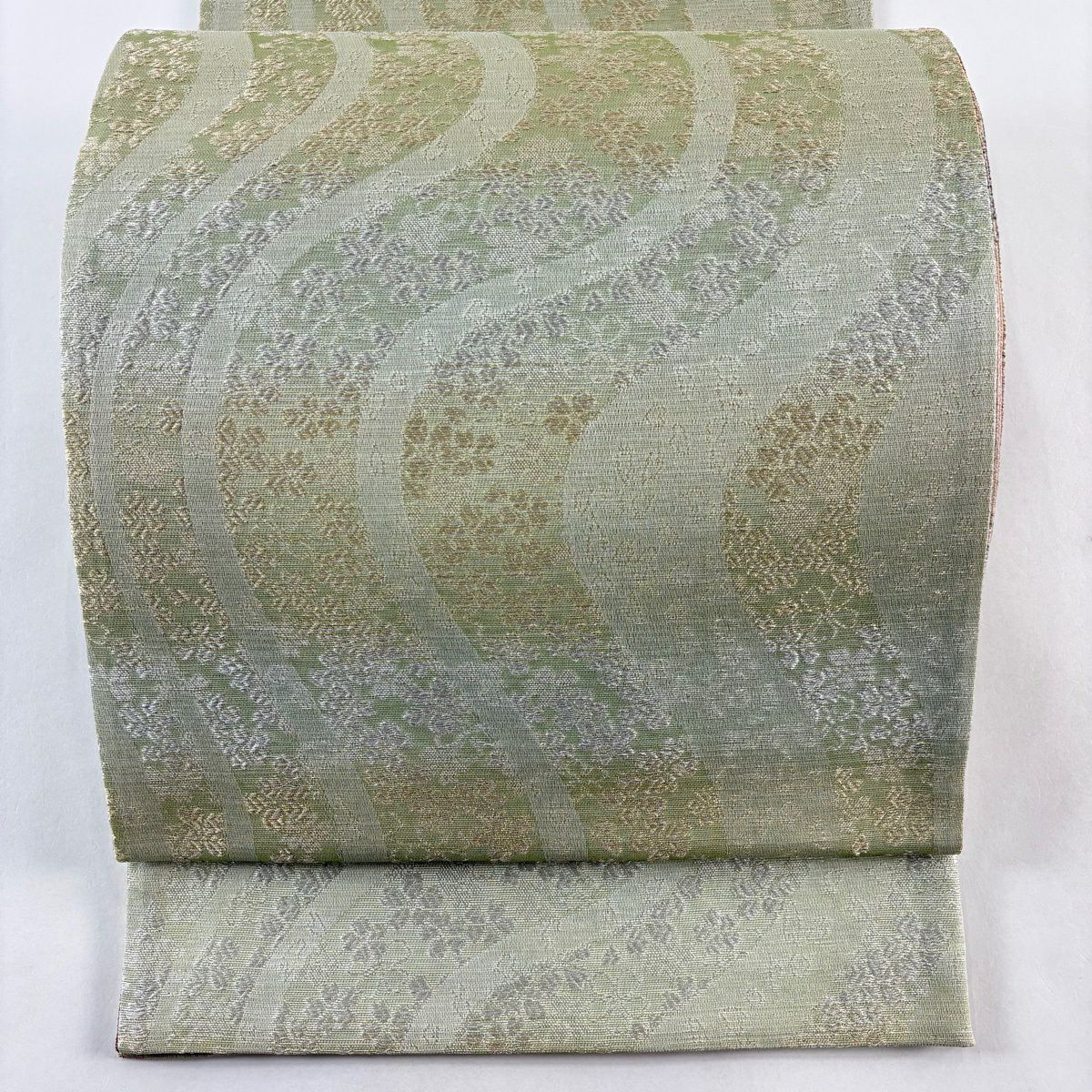 【美品】 袋帶 秀品級 夏帶 櫻花 亂條 金絲 銀絲 淺綠 六通 純蠶絲