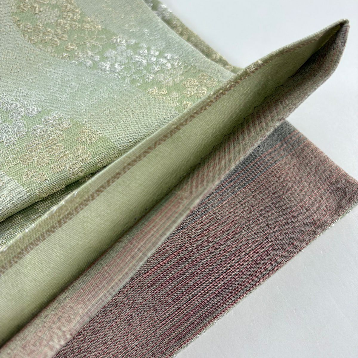 【美品】 袋帶 秀品級 夏帶 櫻花 亂條 金絲 銀絲 淺綠 六通 純蠶絲