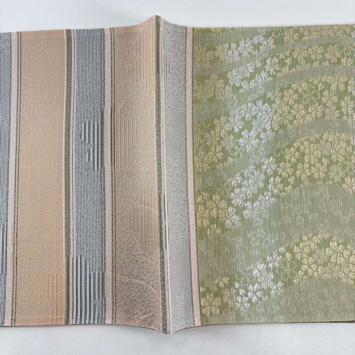 【美品】 袋帶 秀品級 夏帶 櫻花 亂條 金絲 銀絲 淺綠 六通 純蠶絲