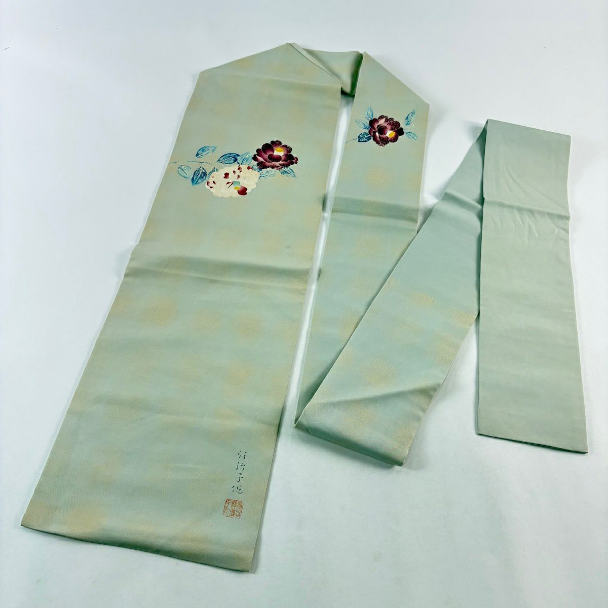 名古屋帶 秀品級 熊谷好博子 落款あり 鹽瀬 椿 薄綠 純蠶絲