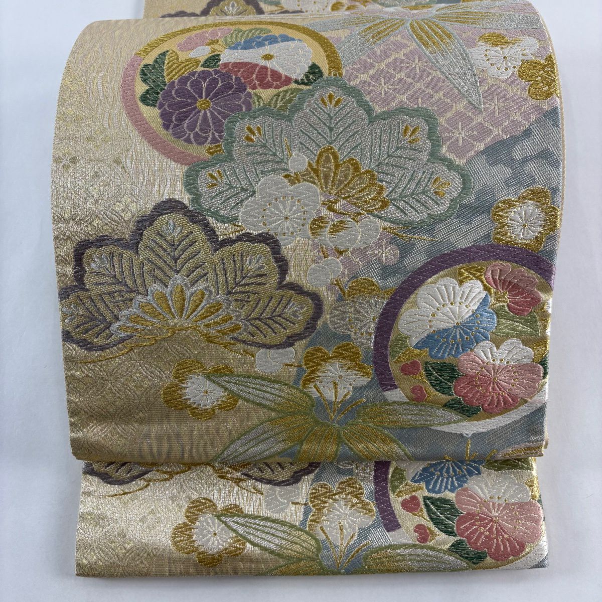 袋帶 秀品級 松樹竹子梅花 菊花 金銀線 金金箔 金色 六通 純蠶絲
