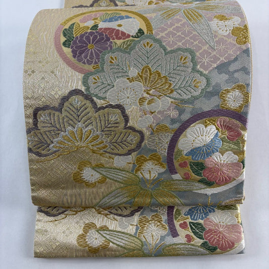 袋帶 秀品級 松樹竹子梅花 菊花 金銀線 金金箔 金色 六通 純蠶絲