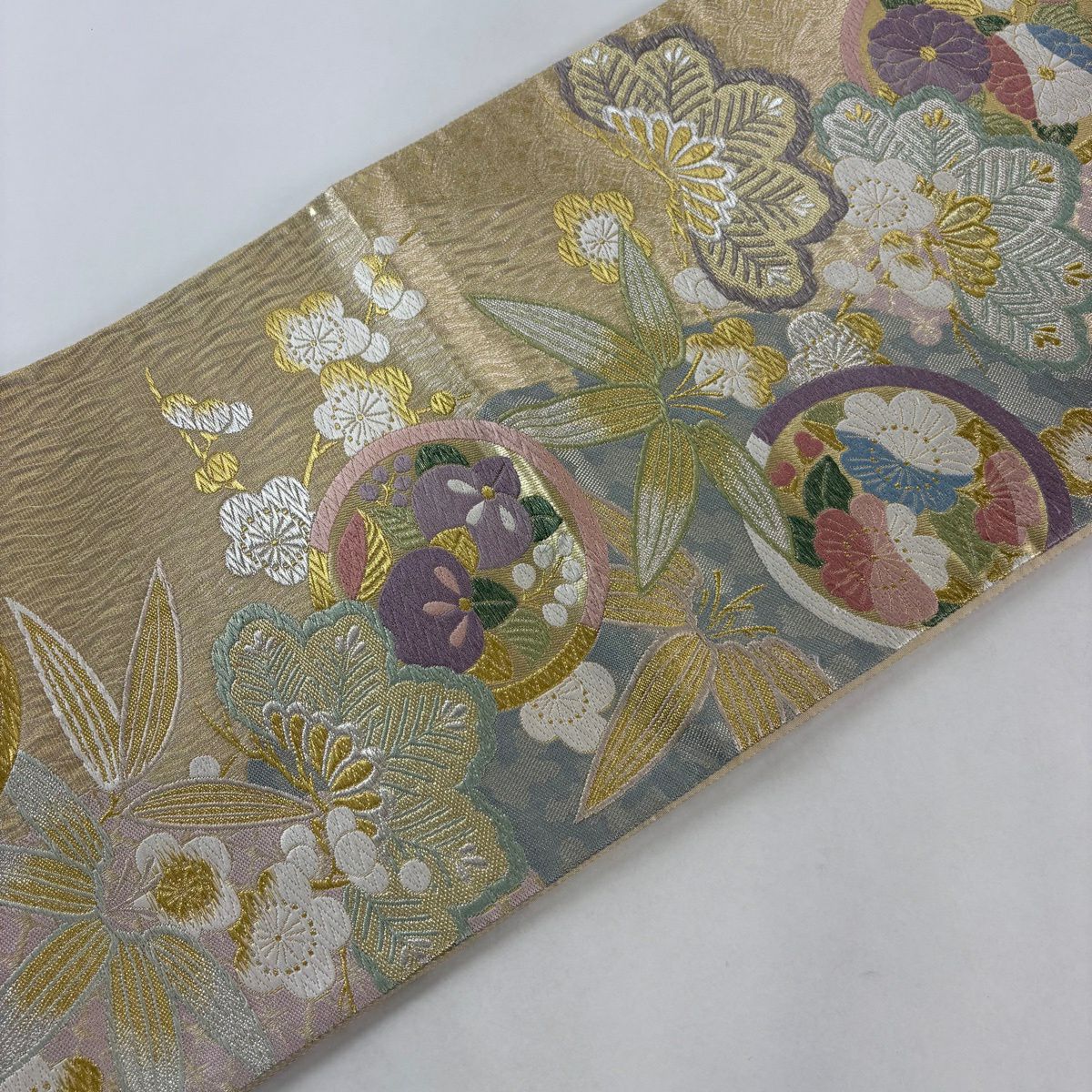 袋帶 秀品級 松樹竹子梅花 菊花 金銀線 金金箔 金色 六通 純蠶絲