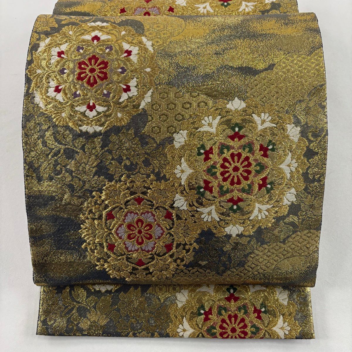 袋帶 秀品級 華紋 有職文樣 金絲 刺繡 金色 六通 純蠶絲