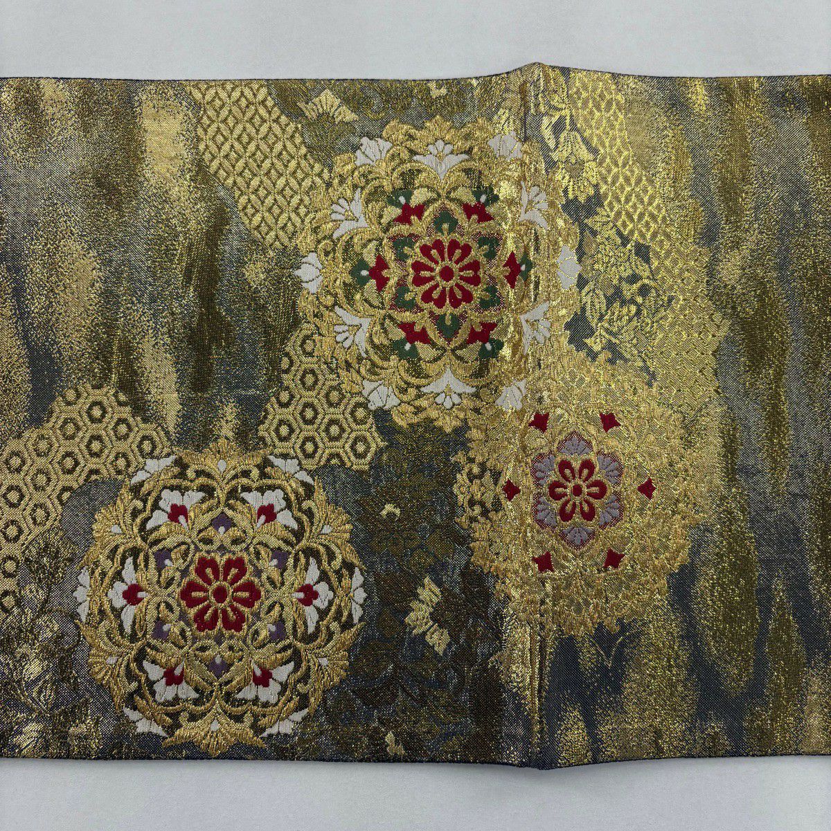 袋帶 秀品級 華紋 有職文樣 金絲 刺繡 金色 六通 純蠶絲