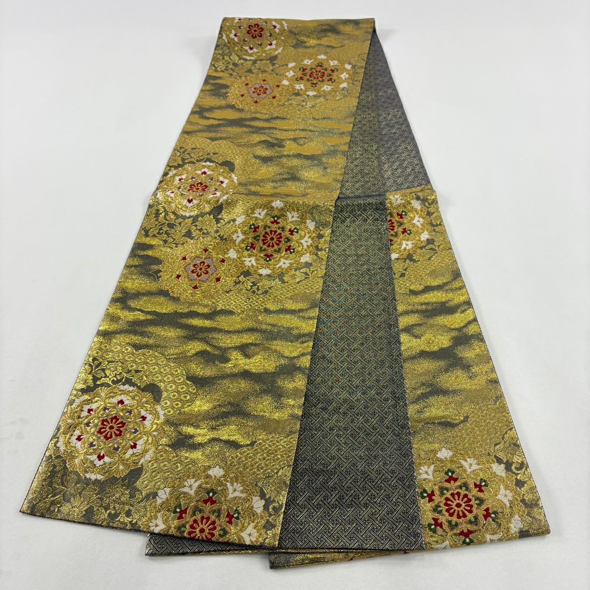 袋帶 秀品級 華紋 有職文樣 金絲 刺繡 金色 六通 純蠶絲