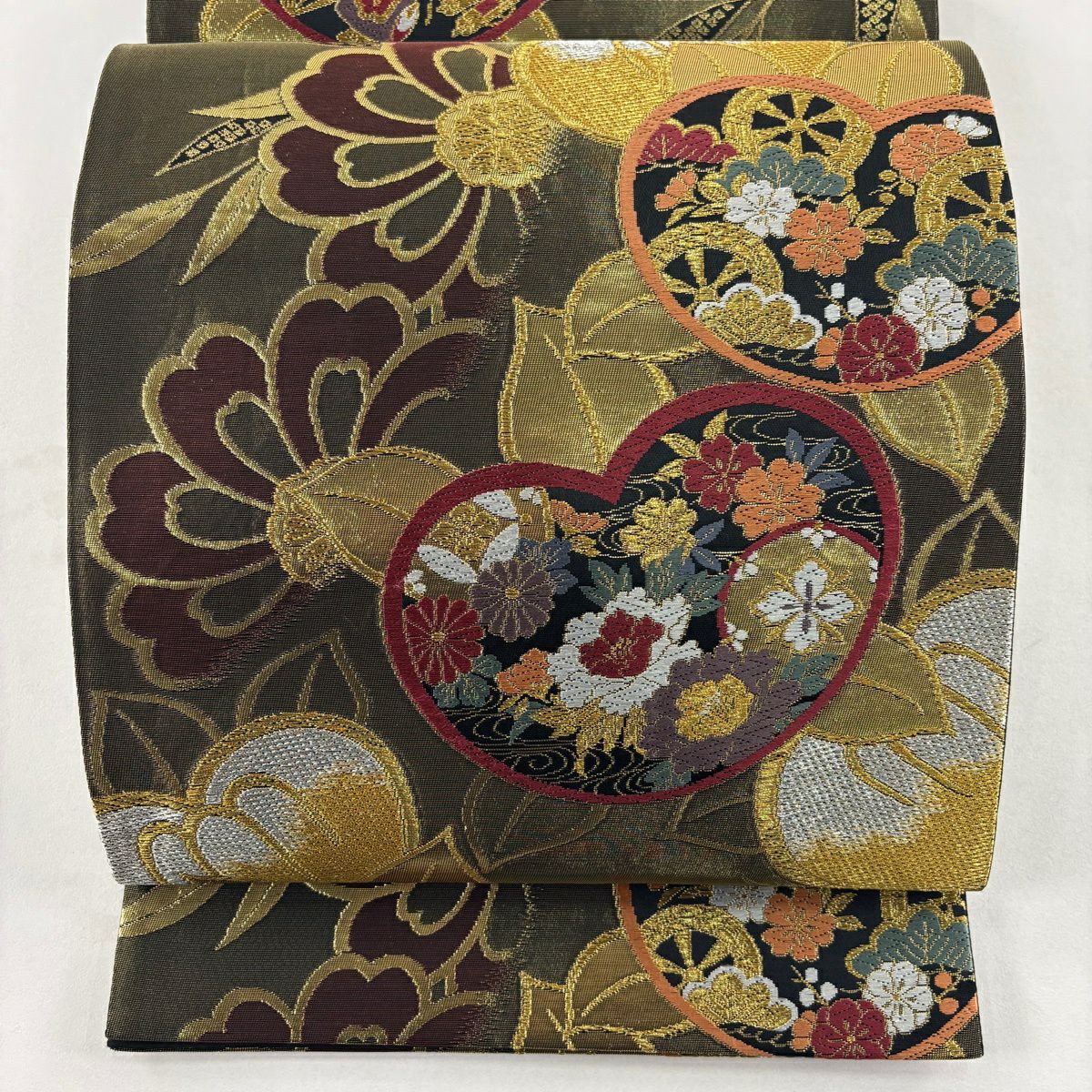 袋帶 秀品級 橘 草花紋刺繡 金銀彩 金色 六通 純蠶絲