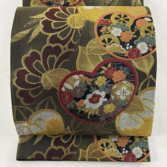 袋帶 秀品級 橘 草花紋刺繡 金銀彩 金色 六通 純蠶絲