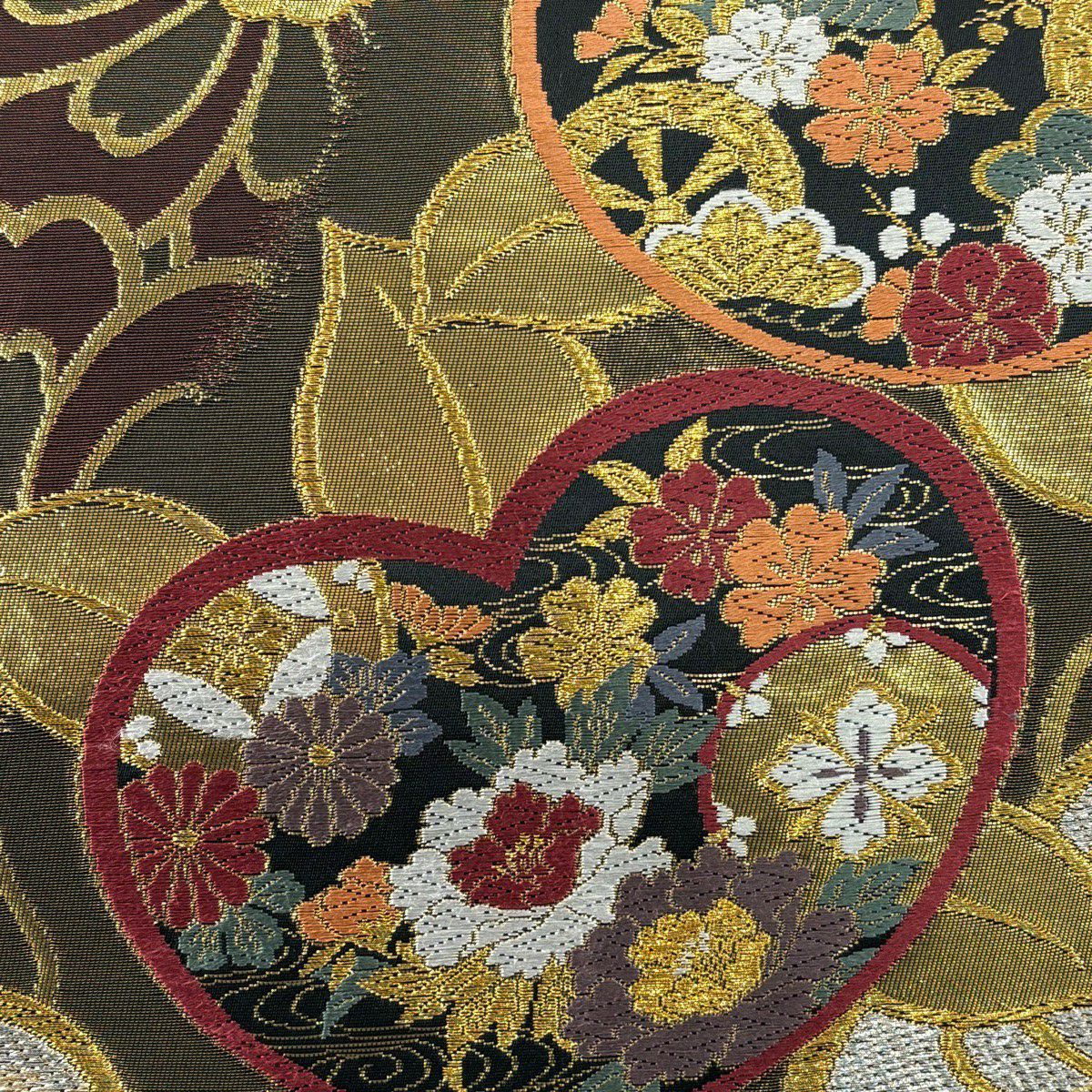 袋帶 秀品級 橘 草花紋刺繡 金銀彩 金色 六通 純蠶絲