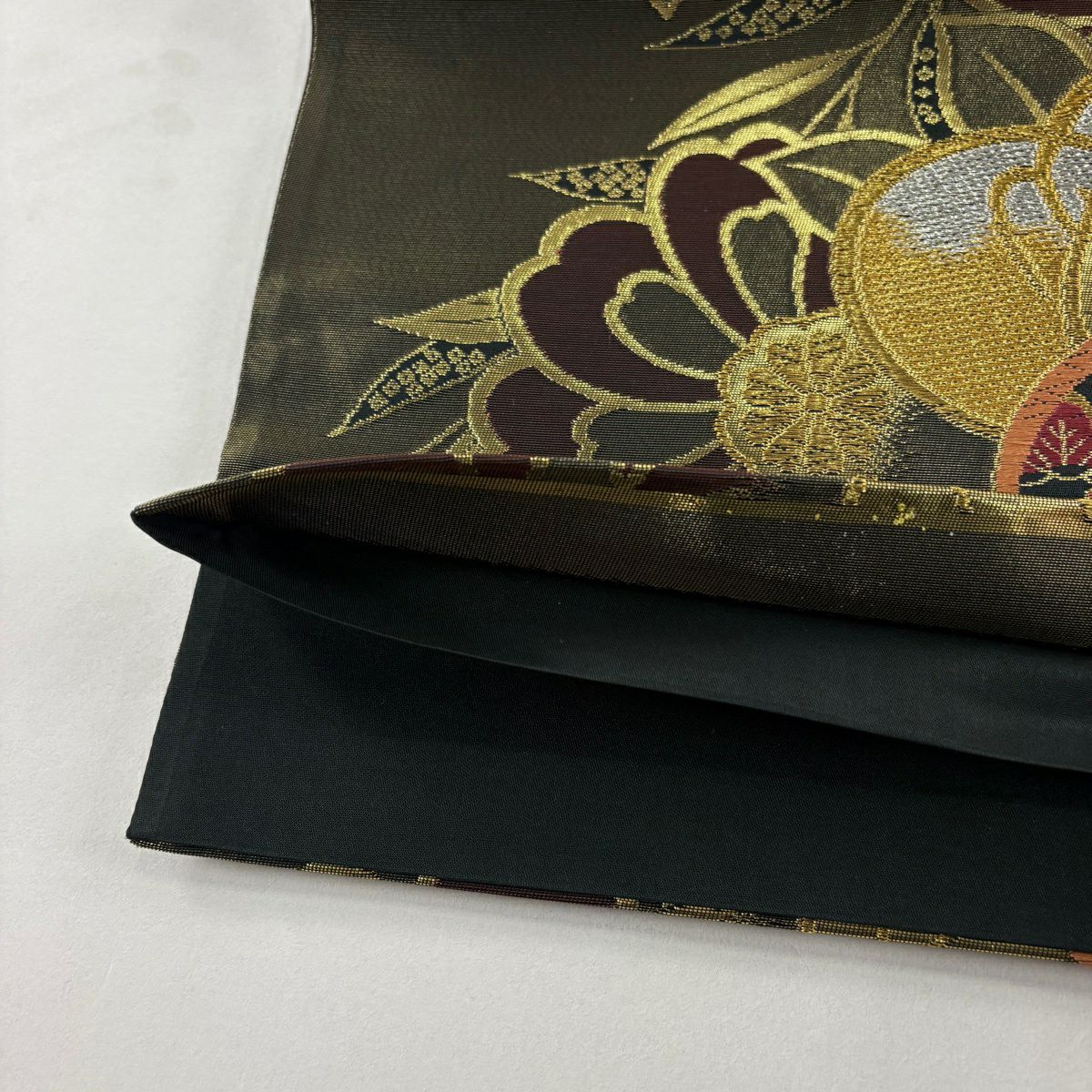 袋帶 秀品級 橘 草花紋刺繡 金銀彩 金色 六通 純蠶絲