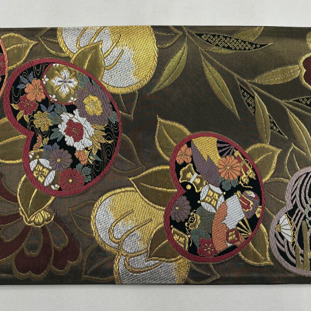 袋帶 秀品級 橘 草花紋刺繡 金銀彩 金色 六通 純蠶絲