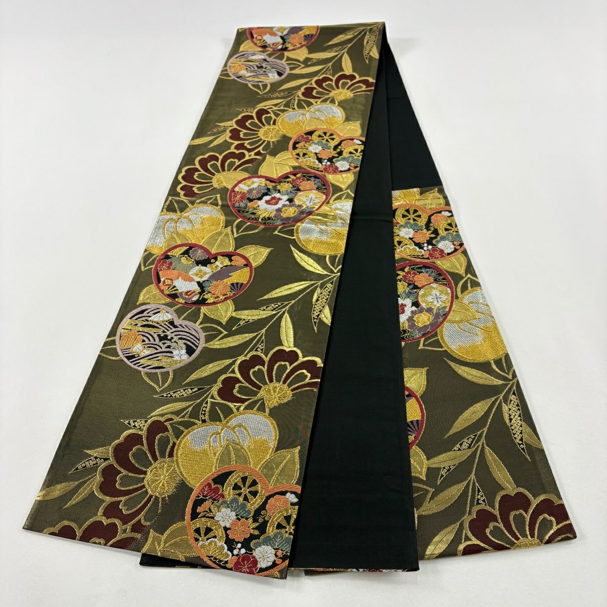 袋帶 秀品級 橘 草花紋刺繡 金銀彩 金色 六通 純蠶絲