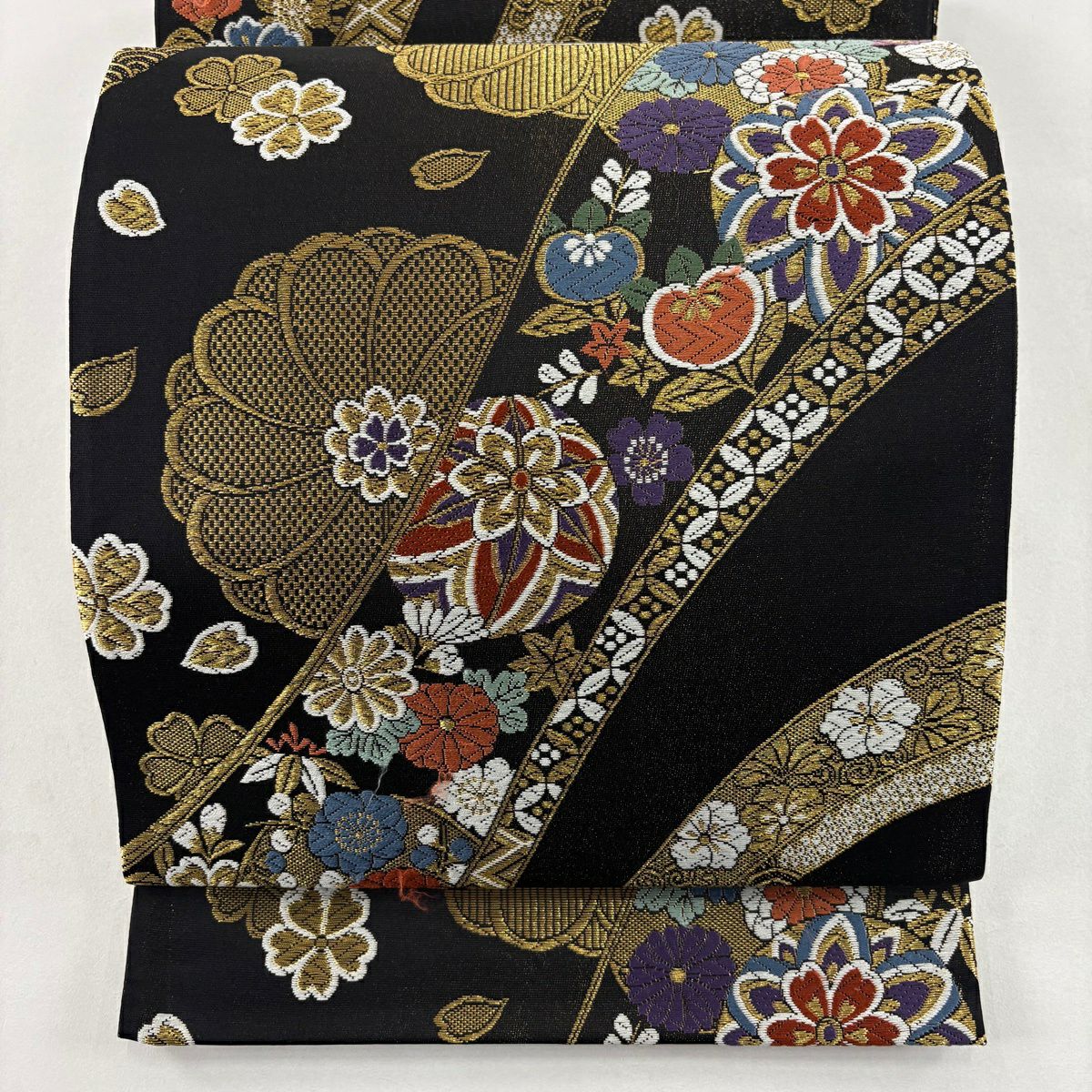 袋帶 秀品級 草花紋紋 刺繡 金絲 黑 六通 純蠶絲