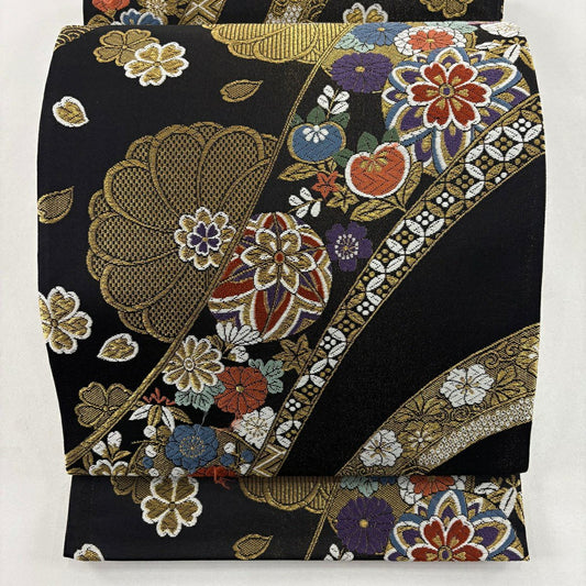 袋帶 秀品級 草花紋紋 刺繡 金絲 黑 六通 純蠶絲