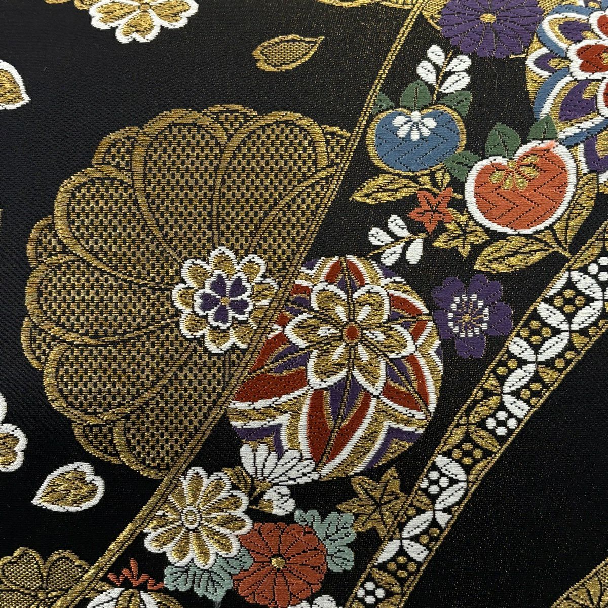袋帶 秀品級 草花紋紋 刺繡 金絲 黑 六通 純蠶絲