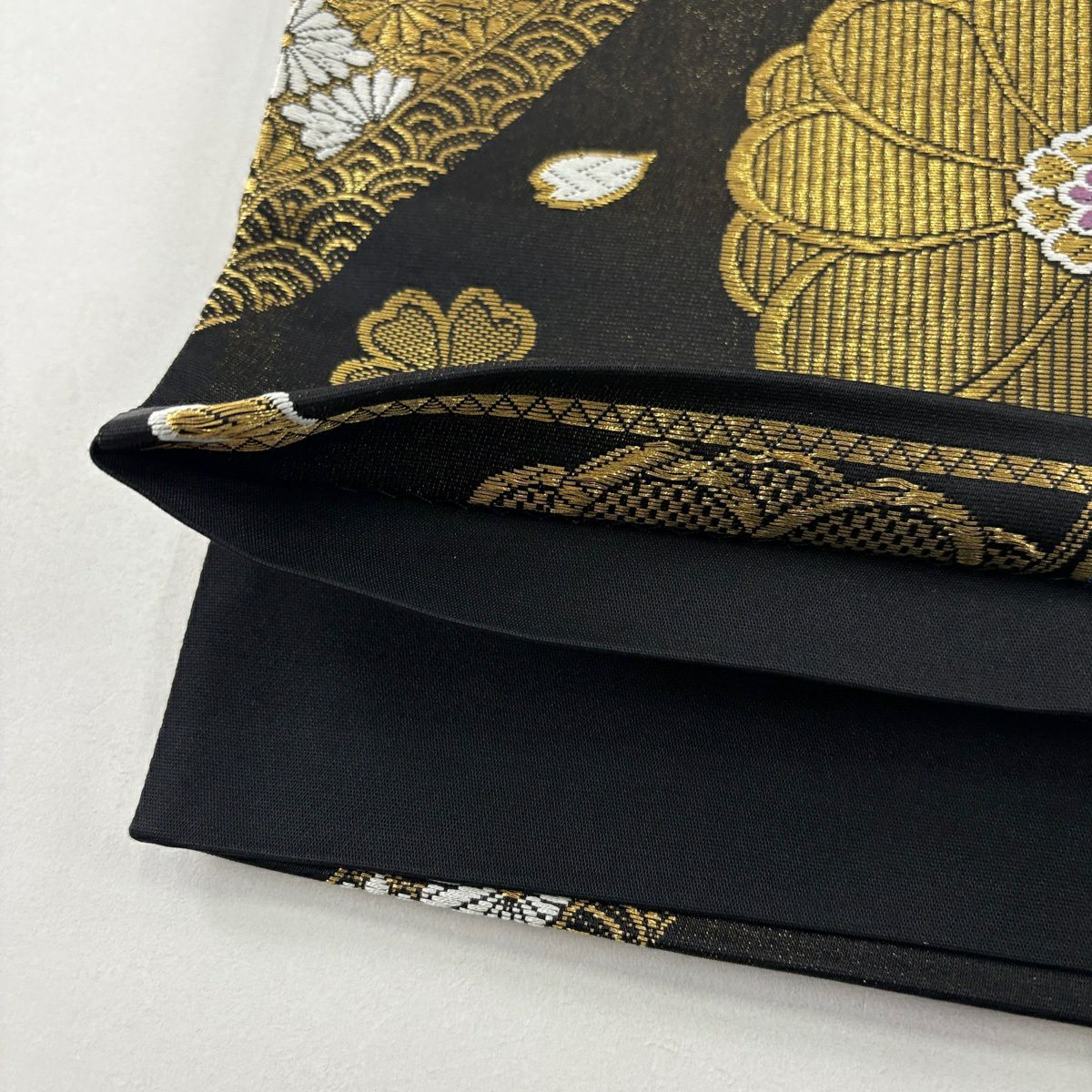 袋帶 秀品級 草花紋紋 刺繡 金絲 黑 六通 純蠶絲