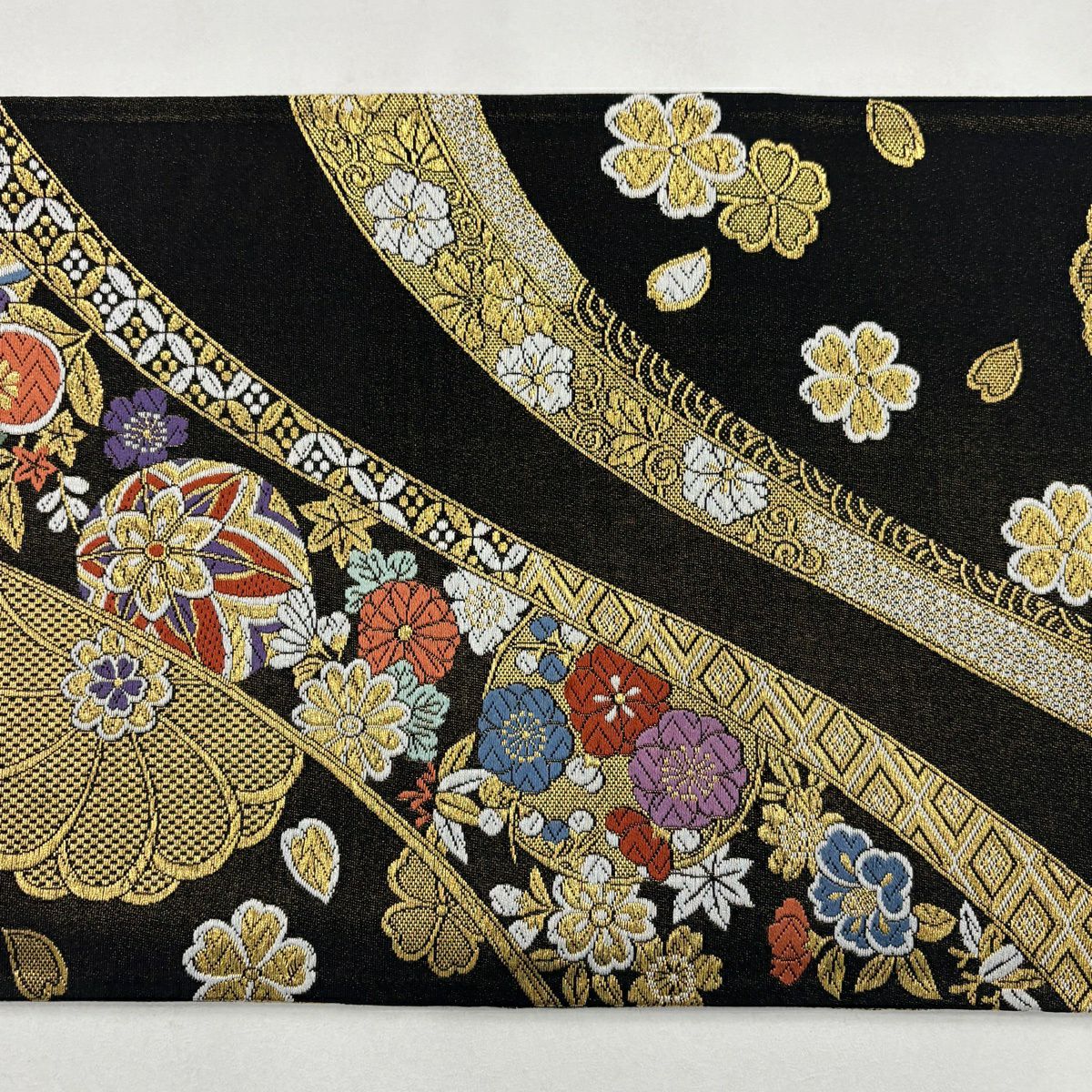 袋帶 秀品級 草花紋紋 刺繡 金絲 黑 六通 純蠶絲